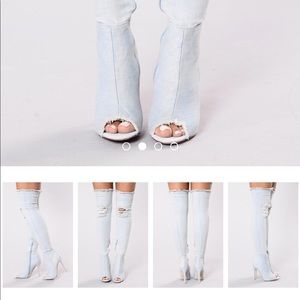 Thigh high denim frayed open-toed boots